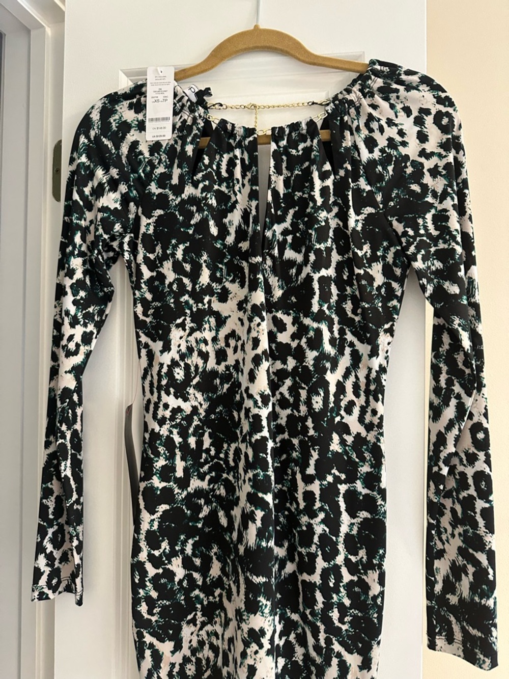 bebe Black, White & Teal Long Sleeve Mini Dress